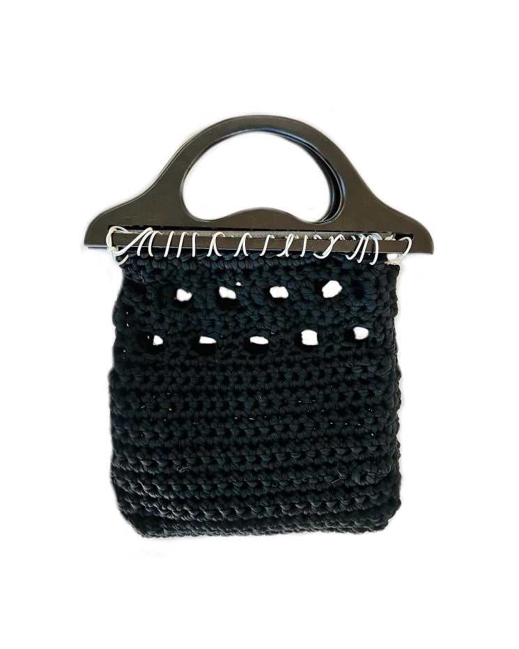 Black Open-Weave Wooden Handle Bag