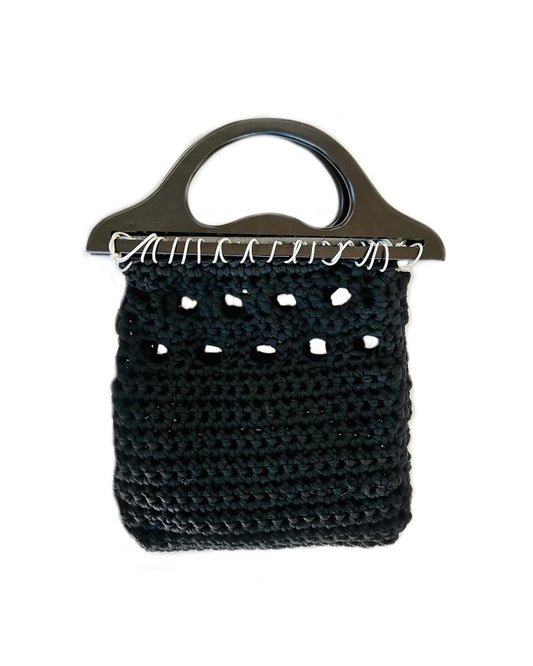 Black Open-Weave Wooden Handle Bag